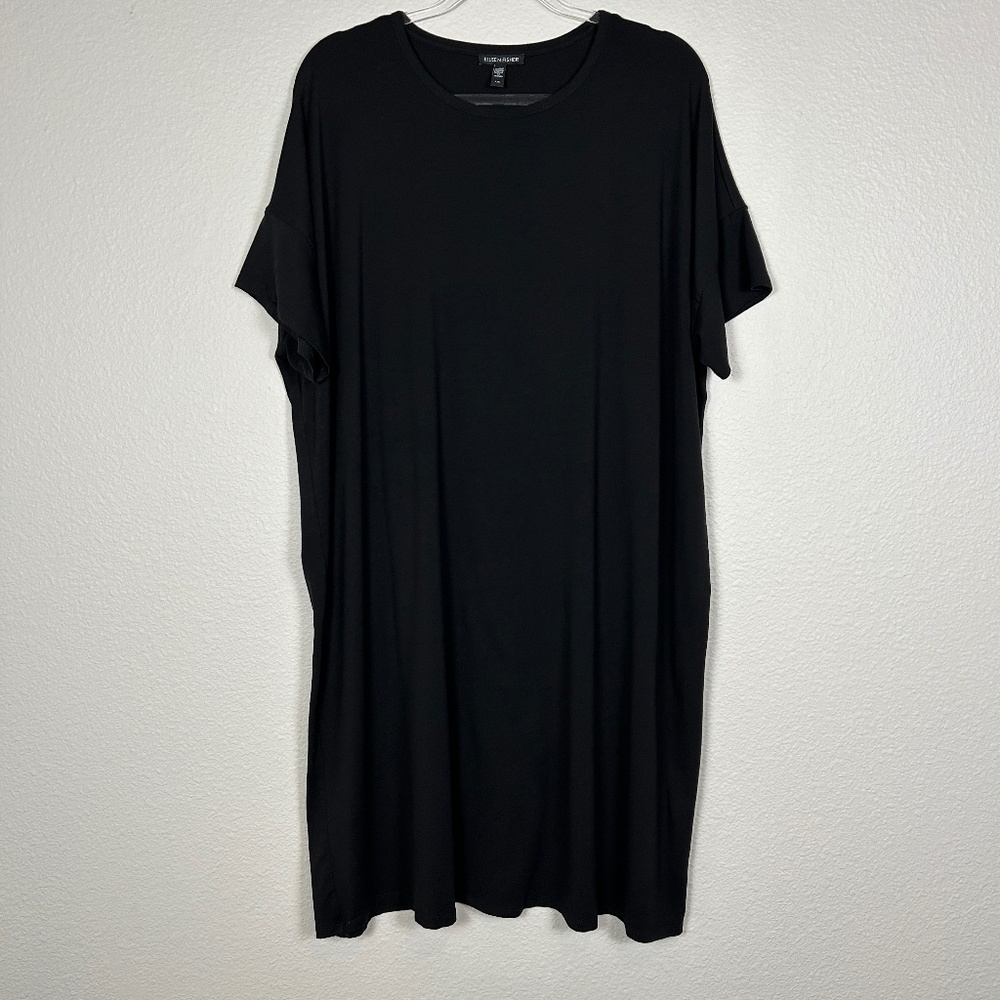 Eileen Fisher size L shirt dress shift Tencel stretch black above knee short sl